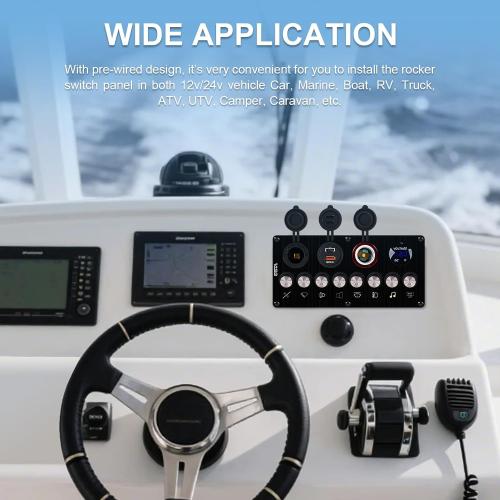 8 Gang Marine Boat Switch Panel Waterproof with Charger (PD,QC3.0 ) and Voltage Meter, 12V/24V Rocker Switch Panel for car,Trucks, Boats