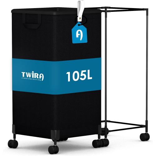 Laundry Basket With Wheels 105L, Large Rolling Laundry Hamper With Removable Bag, Metal Frame Collapsible Dirty Clothes Bin, Cloth Organizer Hampers Pull Handle For Bathroom, Dorm, Bedroom Black