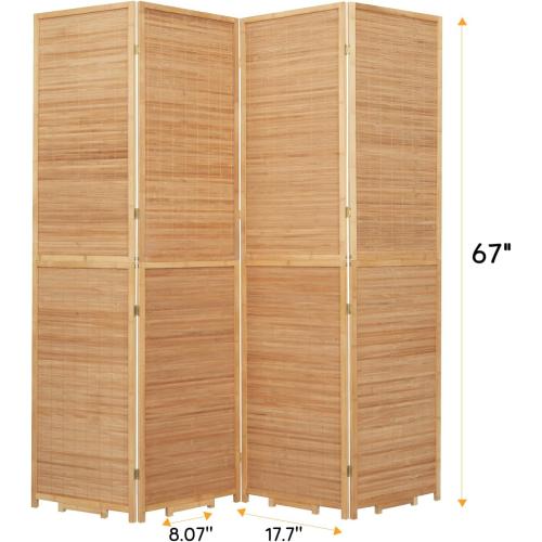 Bamboo Mesh Woven Room Divider 5.6FT,4 Panel Folding Privacy Screen,Brown | Hand-woven Bamboo Room Dividers,Folding Privacy Screens,Rotatable Support Feet,Freestanding,Portable Wall Divider
