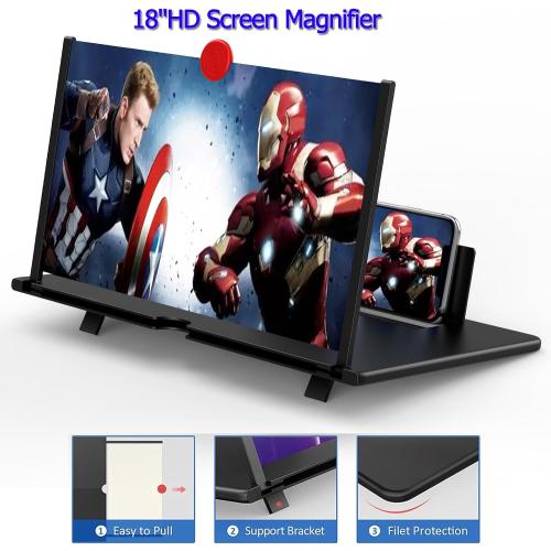 18 Screen Magnifier for Cell Phone, Mobile Phone 3D HD Magnifying Projector Screen Enlarger for Movies, Videos and Gaming, Foldable Phone Stand with Screen Amplifier,Compatible with All Phones