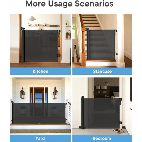 Retractable Baby Gate - 55 Wide Mesh Pet Gate with Anti-Crawling Hook, Safety Lock, One-Hand Operation, 34 Tall Baby Gate for Stairs, Doorways, Hallways, Garage, Indoor Outdoor, Black