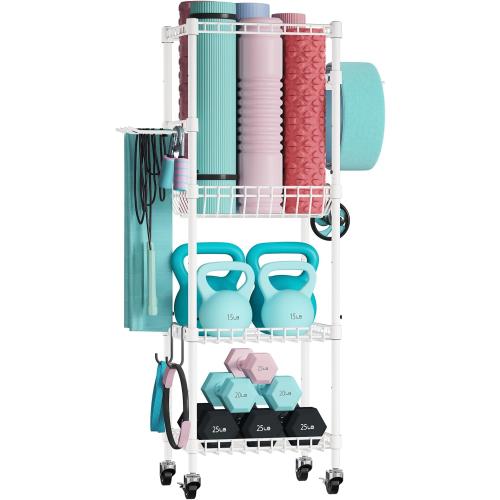 VOPEAK Home Gym Storage Rack with Wheels, Yoga Mat Storage Organizer for Kettlebells, Dumbbells, Resistance Bands, Space Saving 3-Tier Weight Rack for Home Gym, Garage, Easy to Install