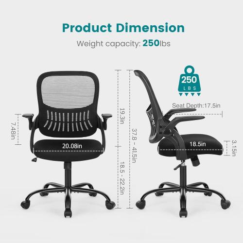 Smug Home Office Desk Chair - Ergonomic Mid-Back Computer Task Chair with Comfy Lumbar Support, Mesh Rolling and 360° Swivel, Flip-up Armrest for Home, Bedroom, Gaming, Study, Student, Black