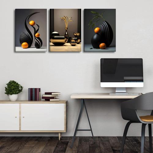 Framed Black Abstract Canvas Wall Art Three-Dimensional Sculpture Ceramic Wall Deco Pictures Modern Still Lifes orange Black Shape Posters Prints for Living Room Bedroom Bathroom Home Decoration