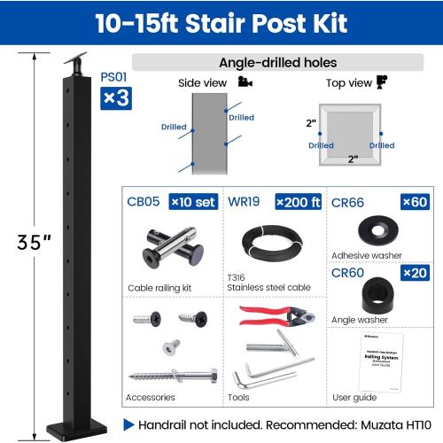 Muzata Size  10-15FT Modular Black Cable Railing Kit 36 Inch 3 Stair Post Kit Complete Set Cable Railing System for Stairs Length Adjustable Easy DIY with Paper User Guide (No Handrail) RWS1 BA4S