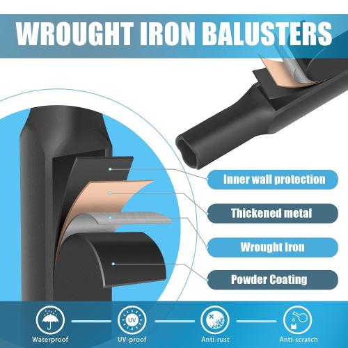 10 Pack Color Black  Staircases Iron Balusters -1/2'' Square Hollow Metal Spindles with Single Knuckle and Double Knuckle Design, Includes 10 Flat Shoes & 10 Angle Shoes