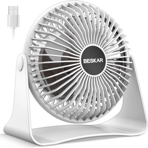 BESKAR USB Small Desk Fan, Portable Fans with 3 Speeds Strong Airflow, Quiet Operation and 360°Rotate, Personal Table Fan for Home,Office, Bedroom- 3.9 ft Cord/White