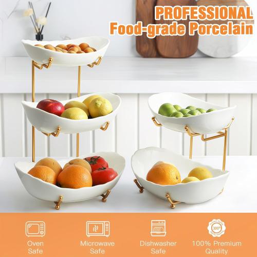 Ceramic Fruit Bowl for Kitchen Counter - 3 Tier Fruit Basket with Metal Stand, Tiered Fruit Stand for Countertop, Snack, Nuts, Cake, Dessert, Cute (Gold, Small) 1