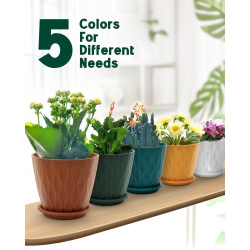 6 Inch Indoor Planter Pots with Drainage Hole and Tray Saucer,Flower Pots for Indoor Outdoor Garden Plants and Flowers, Multicolor, 5 Packs