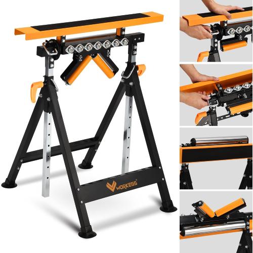 WORKESS 4 in 1 Roller Stand, Stable 440 Lbs Load Capacity with Saw Horses, V-Shaped, Multi-Directional Rollers & Outfeed Roller, Adjustable Height 33”- 50”, Folding for Woodworking