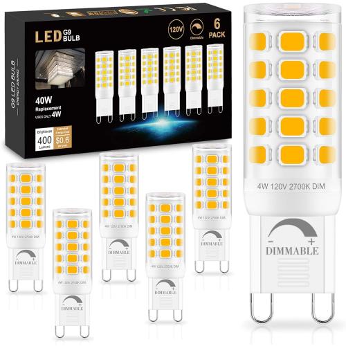 Sailstar G9 LED Bulb Dimmable 2700K Soft Warm White 6 Pack, T4 G9 4W Replacement for 40 Watts Halogen, Ceramic Bi Pin Base, 120V 400 Lumen 360°Beam Angle, G9 Light Bulbs for Chandelier