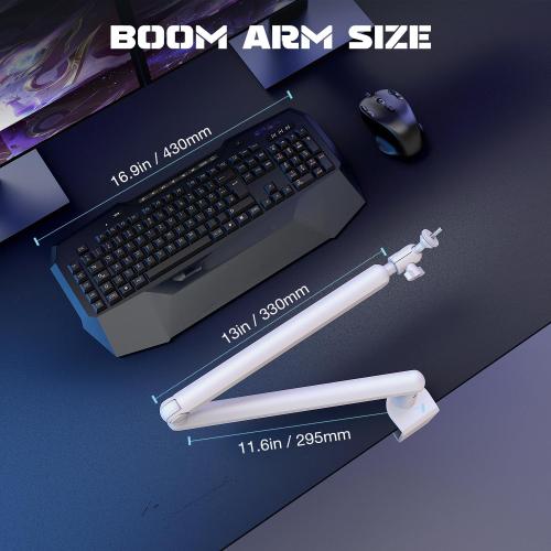 FIFINE Boom Arm Mic Stand, Low Profile Microphone Arm Stand, Podcast Mic Boom Arm with Desk Mount, Cable Channels Management, Metal Boom Arm White for Recording/Streaming/Gaming/Home Office-BM88W