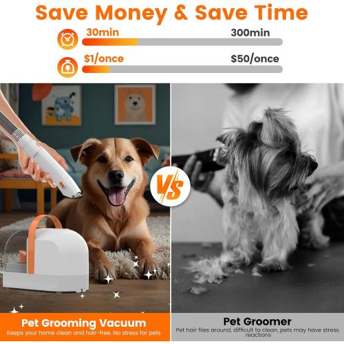 Color White and Orange Dog Grooming Vacuum, Dog Grooming Kit with Pet Clippers, 12,000Pa Pet Hair Grooming Vacuum for Dogs, Vacuum Brush for Shedding Grooming, Low Noise Home Cleaning Tool in 1, PG10