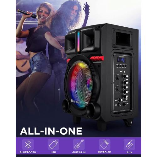 HEARTSEA Karaoke Machine, 8 Woofer Portable PA System, Bluetooth Speaker with 2 Wireless Microphones, Lyrics Display Tablet Holder, Party Lights & Echo/Treble/Bass Adjustment Support REC/AUX/USB/TF