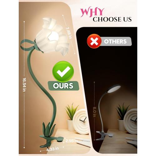 ONXE Clip On Light and Flower Desk Lamp, Flexible Gooseneck Reading Book Light with 3 Color Modes Cute Table Lamp Decor, Clip on Bedside Lamp for Bed Headboard,Table, Nursery,Dorm (Green-02)