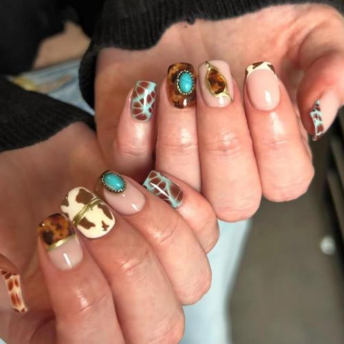Short Square Press on Nails Western Cow Print Tortoise Shell False Nail