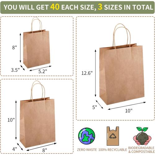10x5x13 TOMNK 100pcs Brown Paper Bags with Handles Assorted Sizes Mixed Sizes Bulk Kraft Paper Gift Bags for Business, Shopping, Retail