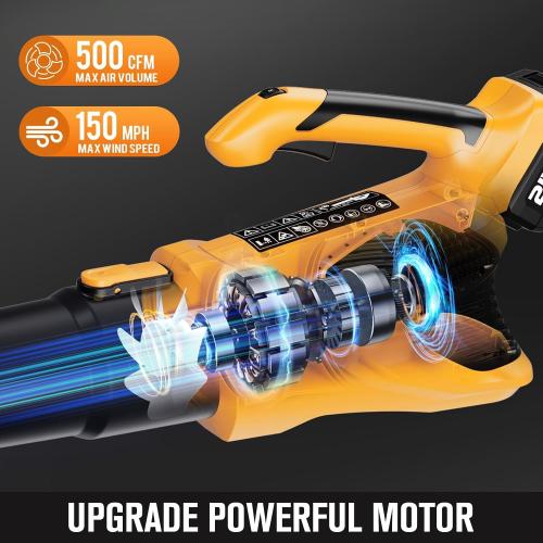 Cordless Leaf Blower 21V, 500CFM Powerful Electric Leaf Blower with 2 x 4.0Ah Batteries & Fast Charger, Variable-Speed, Lightweight Battery Powered Blowers for Lawn Care, Yard Clearance