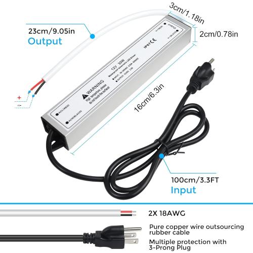 LightingWill LED Driver 30 Watts Waterproof IP67 Power Supply Transformer, 90-265V AC to 12V DC Low Voltage Output, Adapter with 3-Prong Plug 3.3 Feet Cable for Outdoor Use, Computer Project