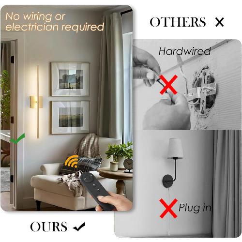 KARTOOSH Battery Operated Wall Sconces with Remote Control, Dimmable Wall Sconces Set of Two, 350°Rotate, 3000K LED Gold Wireless Wall Light for Living Room, Hallway, Bedroom, 28.3 Inch (2 Pack)
