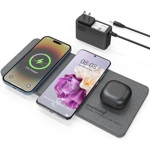 ZealSound Triple Wireless Charger,Charging Pad,Ultra Slim Fast 3x10W Charger Station for Multiple 3 Devices New Airpods Samsung Earbuds Mat Dock W/AC Adapter for All Wireless Charging Phones