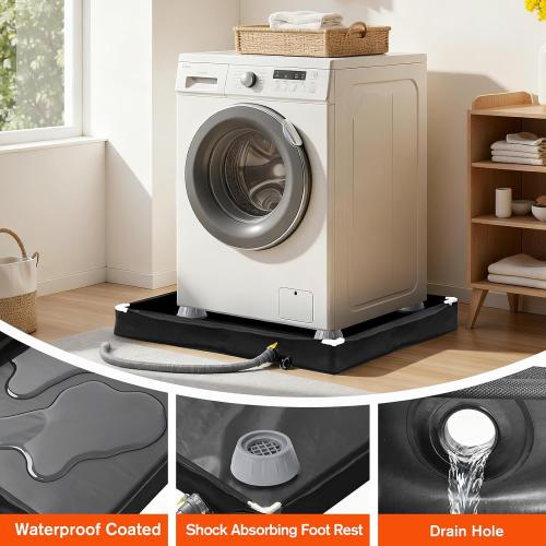 Washing Machine Pan 31.9 X 31.9 X 2.7 Inch Washing Machine Drain Pan with 4 PCS Anti-Vibration Foot Pads and Drain Hole Hose for Washer Dryer Floor Protection