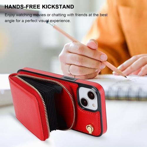 KIHUWEY Crossbody Wallet Case for iPhone 13 iPhone 14, Zipper Pocket Case with Card Holder, PU Leather RFID Blocking Protective Cover Case with Kickstand Detachable Wrist Strap Lanyard 6.1 (Red)