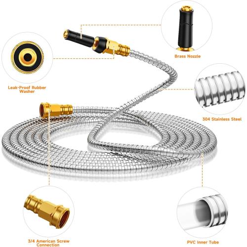 SILVER 100 FT Garden Hose Expandable - 304 Stainless Steel Water Hose 100 FT - Heavy Duty Flexible Kink Free Hose, no Bite