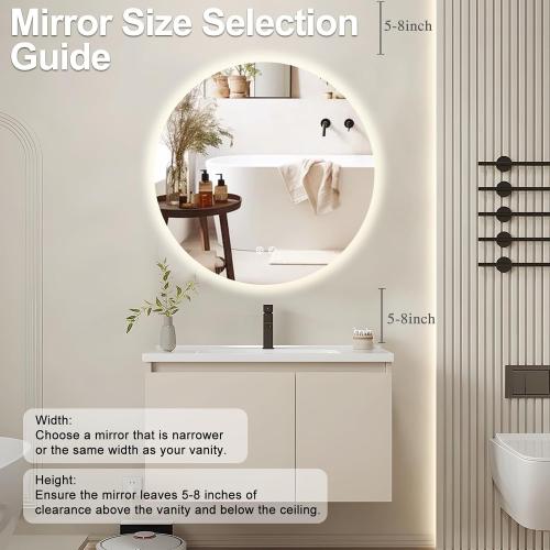 32 Inch Round LED Bathroom Mirror Backlit Anti-Fog Wall Mounted Lighted Bathroom Vanity Mirror 3 Colors Light Dimmable Smart Makeup Mirror with Touch Switch