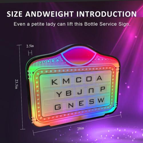 LED Bottle Service Sign Customizable alphanumeric acrylic bottle girl sign light box with 4 set Letters 2set Numbers suitable for clubs, bars, and events rechargeable battery