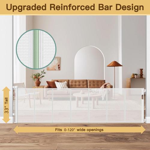 Reinforced 120 Inch Retractable Baby Gates Extra Wide Baby Gate with Reinforced Strips Indoor/Outdoor No Wrinkle Retractable Dog Gate for Doorway No Sag Outdoor Pet Gates for Wide Openings, White
