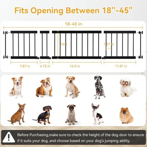 Size 18-45 Color Black Dog Gate Indoor,18-45 Adjustable Extra Wide Metal Short Dog Gate to Step Over, 14 Tall Small Pet Gate with 3 Extension Kits, Pressure Mounted for Doorways & Stairs Black