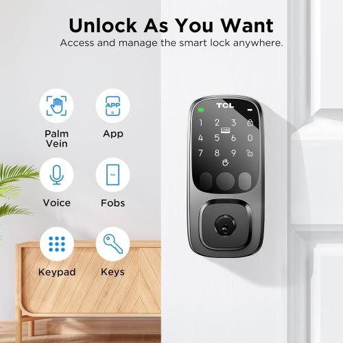 TCL D1 Pro Palm Vein Smart Lock, Keyless Entry Door Lock, Upgraded Rechargeable Battery, Front Door Smart deadboalt, App Remote Control, Auto-Lock, Waterproof, Works with Alexa (no test)