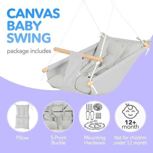 CaTeam Canvas Kids Swing, Wooden Hanging Seat Chair with Safety Belt, Durable Toddler Seat, Suitable for Outdoor and Indoor Use, Mounting Hardware Included, Gray Blue