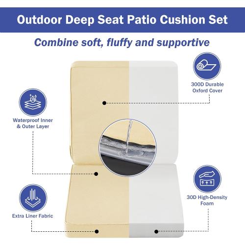 Outdoor Seat Cushion Set 24 x 24 x 4 Inch, Outdoor Cushions for Patio Furniture, Waterproof & Fade Resistant Outdoor Chair Cushions, Deep Seat Cushions with Removable Cover, Beige