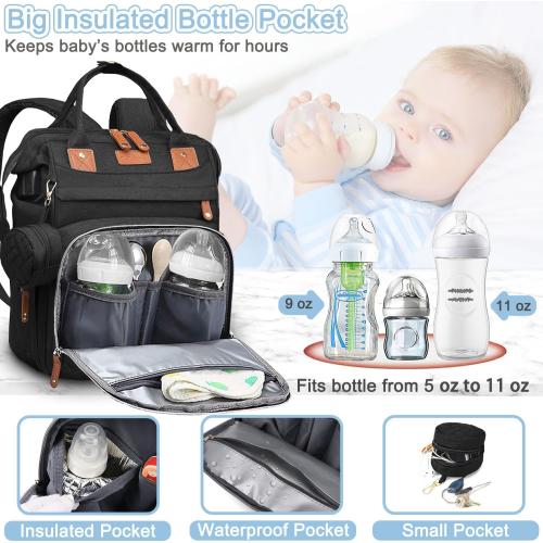 Diaper Bag Backpack Baby Bag for Mom Dad with Changing Pad, 19 Pockets, Large Waterproof Travel Baby Girl Boy Toddle Diaper Bag with Insulated Pocket, Baby Shower Gifts, Black