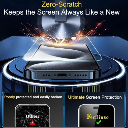 Ferilinso 3 Pack Screen Protector for iPhone 15 Pro with 3 Pack Tempered Glass Camera Lens Protector Phone Case Friendly Ultra Accessories Protector de Pantalla for Apple iPhone 15 Pro