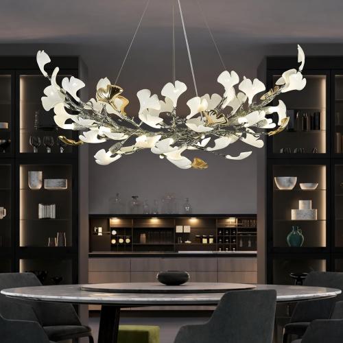 Modern Tree Branch Chandeliers for Dining Room,47 Rectangle Ceramic Ginkgo Leaf Chandelier, Dining Chandelier Over Table for Living (Bulb not Included)