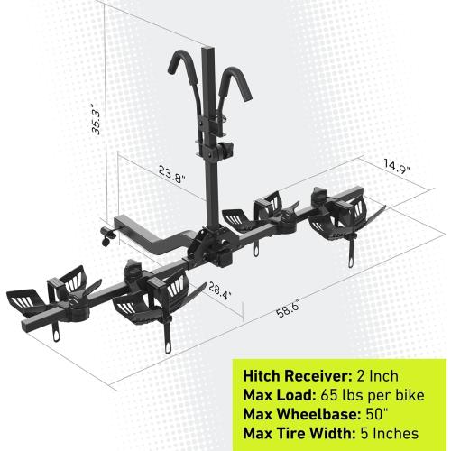 Black Vibrelli Hitch Bike Rack - 2 Ebike Rack - Fits Fat Tire, Mountain Bike, Electric Bikes, Road - 65lbs per Bike - Patented Anti-Wobble - Cars & SUV - Tilting Folding Platform Car Racks, 2-Inch Receiver