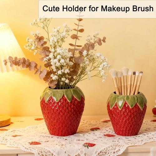 Ceramic Strawberry Vase, Cute Fresh Flowers Vases, Small Fruit Vases for Strawberry Party, Kitchen Decor(Red)