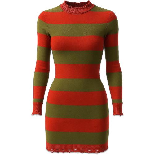 Unisex Halloween Costume for Women Adult Scary Killer Knitted Striped Dress with Brown Hat Glove and Mesh Stockings Cosplay