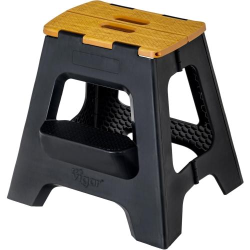 Vigar Compact Folding Step Stool - 16 Inch 2 Step Foldable Step Stool for Adults, Lightweight Portable Stool with Handle, Non Slip Step Stool, Space-Saving Stool up to 330 lb - Black, Bamboo Print Top