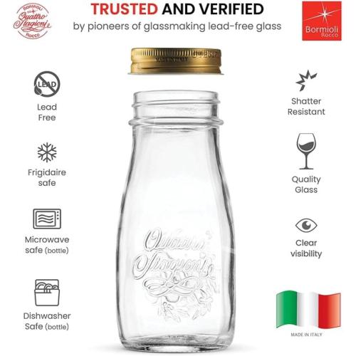 Bormioli Rocco Quattro Stagioni Bottles Clear Glass with Twist Lids for Food Preserving, Beverage Serving, Homemade Gifts, Sauces & Infused Drinks - Airtight, Made in Italy