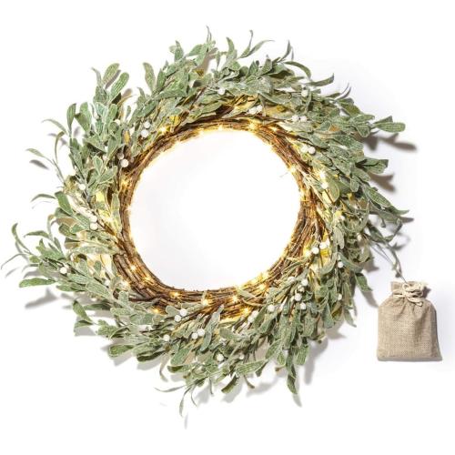 LampLust Winter Wreaths for Front Door Outside, 20 Inch Flocked Wreath with Mistletoe & Pearly White Berries, 75 LED Lights, Battery Powered, Timer, Farmhouse Wreath, Winter Wreaths for Indoors