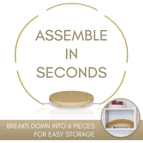 Wedding Cake Stand 16in Wood Base with Golden Metal Floral Hoop Centerpiece & Screws, Cake Display Stand for 3 Tiered Cakes, Cupcakes & More