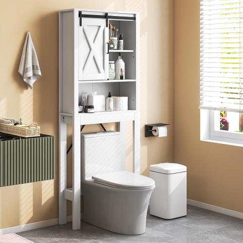 3-Tier Over The Toilet Storage Cabinet, Freestanding Bathroom Organizer Shelf with 3-Position Adjustable Shelves, Above Toilet Organizer with Sliding Barn Door, Space Saver, White