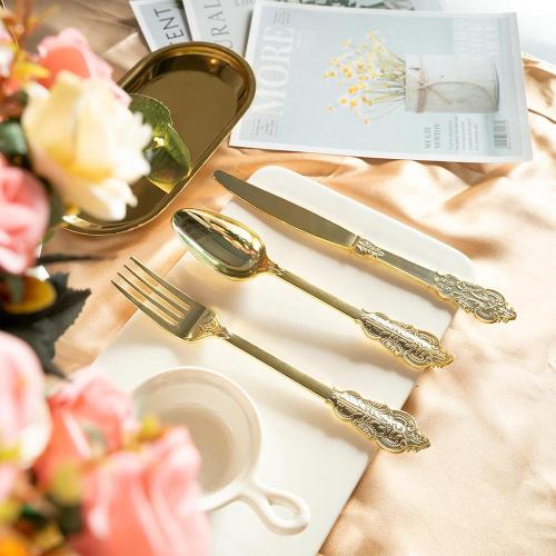 N9R 300pcs Gold Plastic Silverware Dinnerware Flatware- Heavyweight Plastic Cutlery Set, 100 Forks, 100 Spoons, 100 Knives, Gold Utensils for Party, Thanksgiving, Christmas