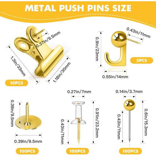 315Pcs 5 Style Gold Push Pins, Decorative Push Pins, Cute Pushpin Clip, Push Pin Hooks, Gold Metal Thumb Tacks Office Accessories for Cork Board Map Office