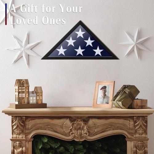 Glass Front Flag Display Case for 5' x 9.5' Folded Burial Flag, Black Solid Wood Frame, Wall Mount Military Flag Box Display Case for Veterans