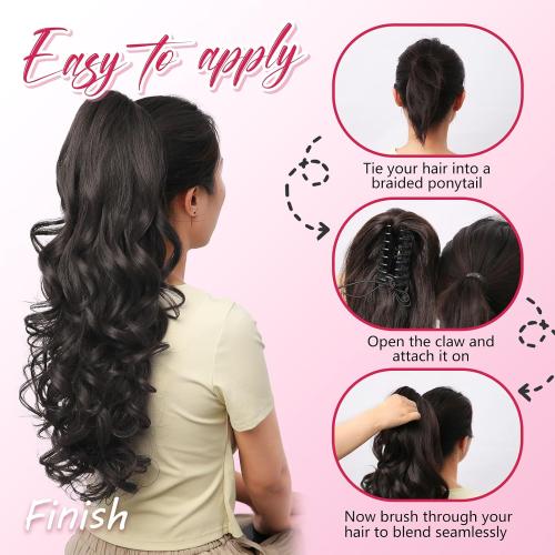 24''Long Wavy Ponytail Extension, Burgundy Ombre Claw Clip Hair Piece